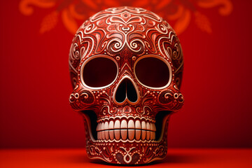  Mexican skull with intricate carvings of swirls and stars stands out on a red background