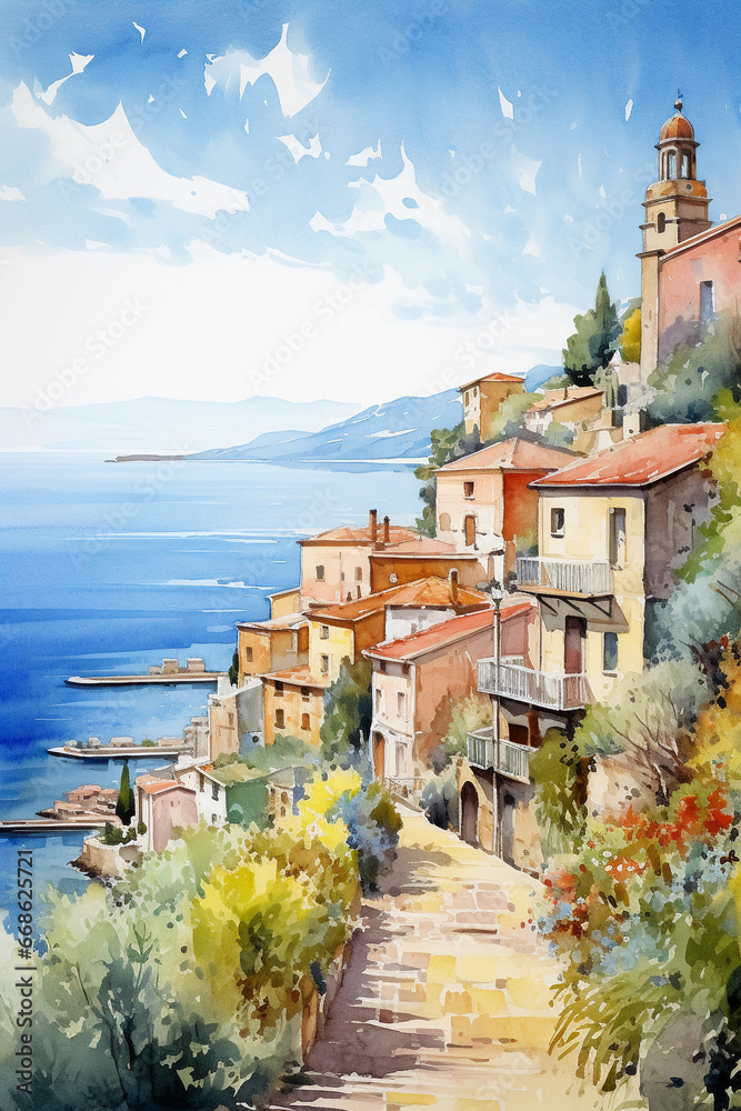 Canvas Prints mediterranean summer landscape. beautiful old town in the mountains by the sea. vertical watercolor 