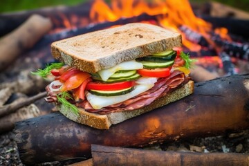a whole sandwich ready to be toasted on a campfire gridiron