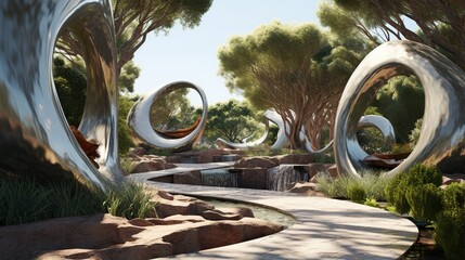 An outdoor sculpture garden featuring abstract art pieces and hidden pathways.
