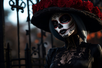 Fototapeta na wymiar A Catrina woman with a skull face and a red rose in her hair stands at the cemetery gate in a black dress