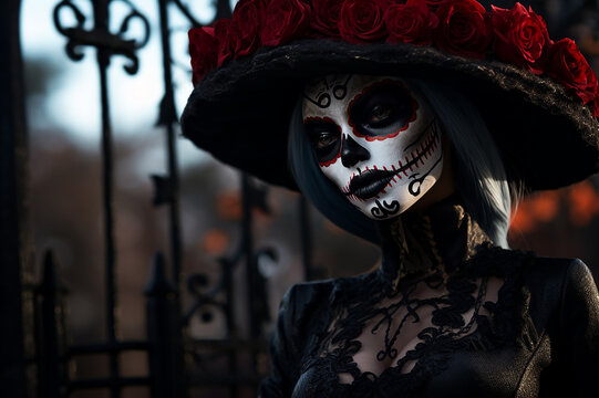 A Catrina woman with a skull face and a red rose in her hair stands at the cemetery gate in a black dress