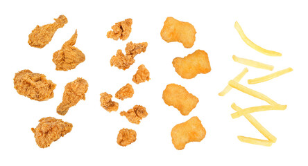 Fast food set fried chicken, popcorn chicken, nuggets, french fries. falling in the air isolated on transparent background. PNG