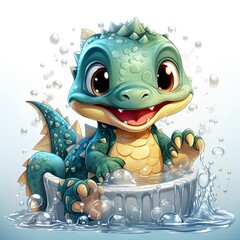 Delightful baby dragon enjoying a splash, surrounded by bubbles, with cute bottles and vibrant flower. Ideal for fantasy themes.