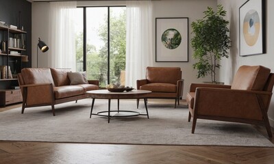 Fototapeta premium Minimalistic Scandinavian design of a cozy house with a fireplace. Bright interior with wood elements.