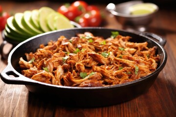 a steamy pan of carolina pulled pork coated in tangy vinegar sauce
