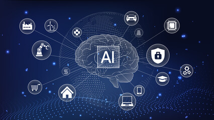 AI Brain Illustration global network including safty, education, computer, mobile, app, power, automobile, finance, medical, Intelligent Steward,online shop, factory