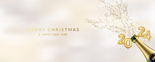 Christmas and New Year 2024 greeting card with bottle of champagne with splash, golden realistic metallic numbers, ribbons, stars and confetti. © Aliona Manakova