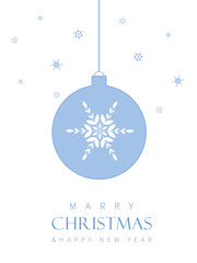 Christmas greeting card, christmas blue ball with white snowflake on white background, merry christmas and happy new year