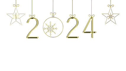 Ornaments and Golden 2024 with Alpha Channel. New Year's 2024 number with gold ornaments, transparent PNG format.

