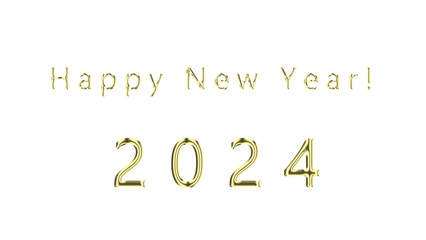 New Year 2024 Text with Alpha Channel. New Year's greetings card with gold text, transparent PNG format.
