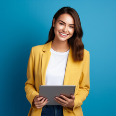 Fototapeta premium Portrait of a beautiful girl with a laptop on a blue background in a yellow jacket with a smile and dark hair