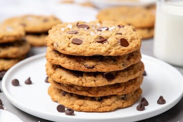 stack of chocolate chip cookies on a white plate