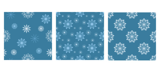 Winter background with snowflakes set. Beautiful snowy seamless pattern. Seasonal print with cold crystals for textile, paper, fabric, packaging and design, vector illustration