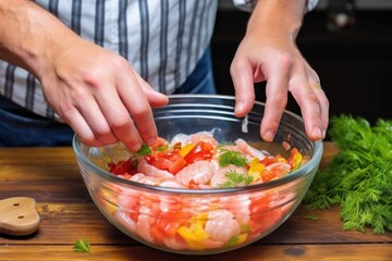 human hand dropping shrimp into a bowl of ceviche