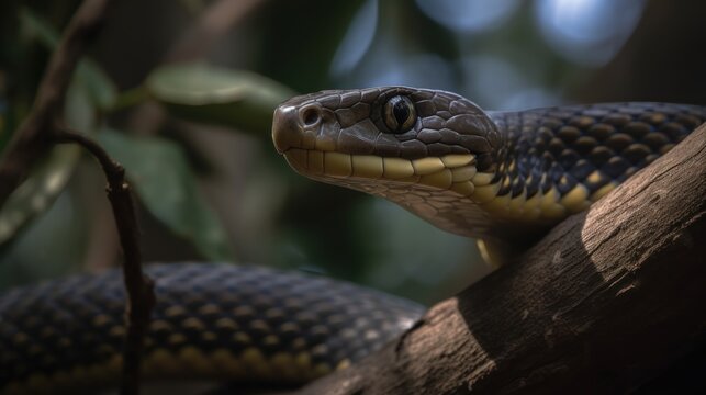 Close up of a ringed rat snake (Xenochrophis fulgens). Wildlife concept with a copy space.