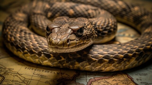 Close-up of a snake on a vintage map.. Wildlife concept with a copy space.