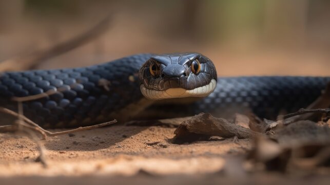 Close up of the head of a black snake on the ground.