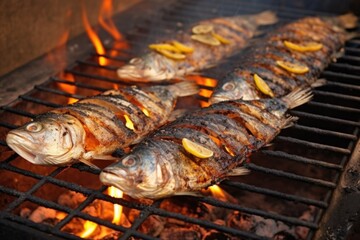 close-up of fish grilling on charcoal