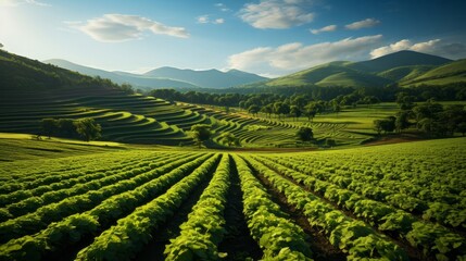 Aerial view of a farm with precision planted. Generative AI.