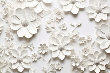 Paper cut flowers and leaves, Fresh spring nature background. Floral banner, poster, flyer template with copy space.