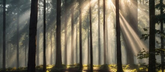 Realistic illustration of forest with sun beams coming through the trees