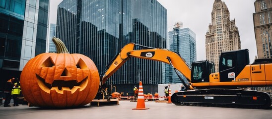 huge giant halloween pumpkin in business downtown among skyscrapers on construction site during...