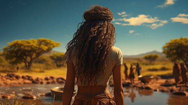African girl carrying a bucket of waterback. Generative AI.