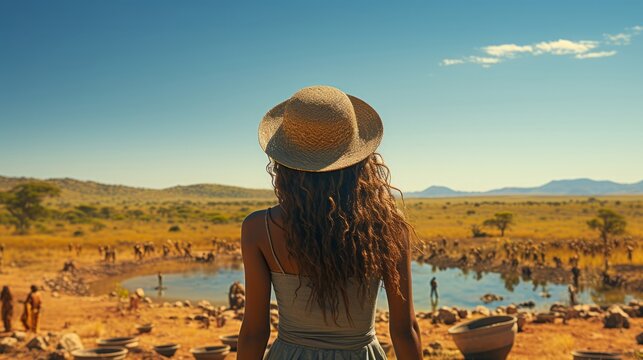 African girl carrying a bucket of waterback. Generative AI.