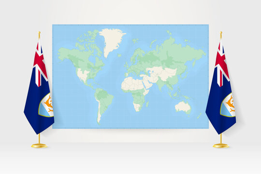 World Map between two hanging flags of Anguilla flag stand.