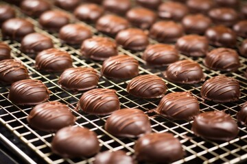 rows of freshly made chocolate shells cooling on a rack