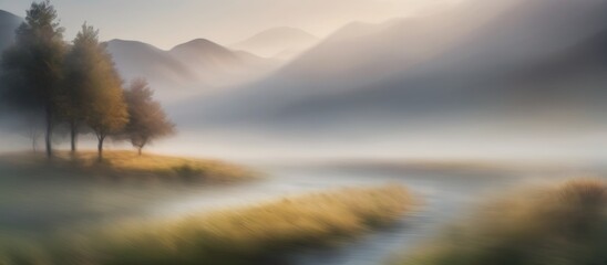 Blurred landscape with foggy misty morning near the mountain hills in the field for calm scenic awakening background