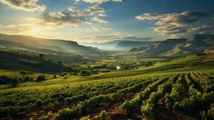 Naklejka premium Agriculture field of vineyards in lines at sun. Generative AI.