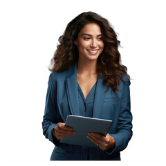 smiling woman standing holding and starring at her ipad , she is wearing a blue suit isolated on transparent background