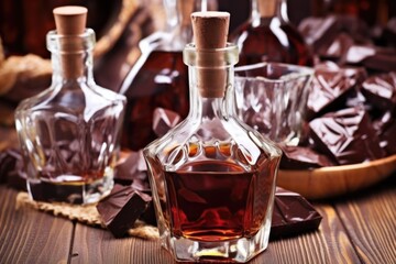 Obraz na płótnie Canvas close-up of chocolate liqueur in clear glass bottles