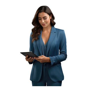 Smiling Woman Standing Holding And Starring At Her Ipad , She Is Wearing A Blue Suit Isolated On Transparent Background