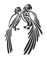 Hand drawn couple of parrots in love, black silhouette with ornament. Stencil, tattoo, illustration, vector