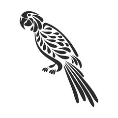 Hand drawn tropical parrot, black silhouette with ornament. Stencil, tattoo, illustration, vector