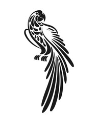 Hand drawn tropical parrot, black silhouette with ornament. Stencil, tattoo, illustration, vector