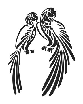 Hand drawn couple of parrots in love, black silhouette with ornament. Stencil, tattoo, illustration, vector