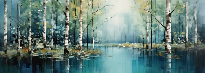 Acrylic painting with birch trees in blue water - obrazy, fototapety, plakaty