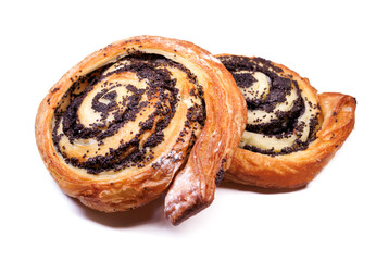 Two poppy seed buns isolated on a white background.