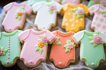 Fototapeta na wymiar baby-themed cookies decorated with colorful icing