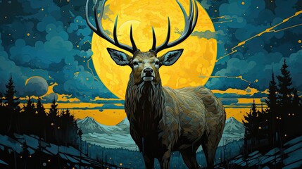 Oil painting of majestic deer under a full moon at night. Digital Art.