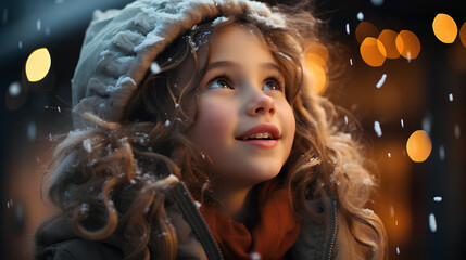 cute little girl with long curly hair in winter coat and hat