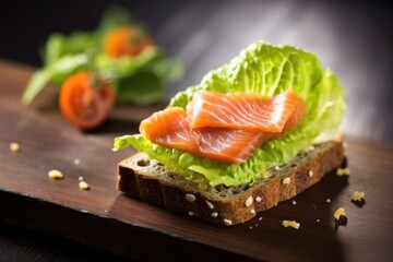 single piece of rye bread topped with smoked salmon and fresh lettuce