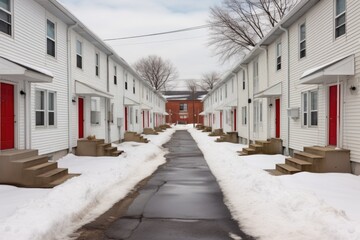 red door in a row of identical white townhouses