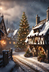 impressionist painting of an old fashioned town street covered in snow in winter with old houses and a church