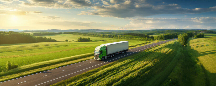 Truck on freeway top air view. Truck driving at beautiful spring landscape.