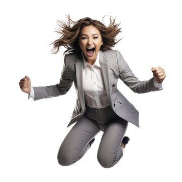 happy business woman is jumping isolated on transparent background